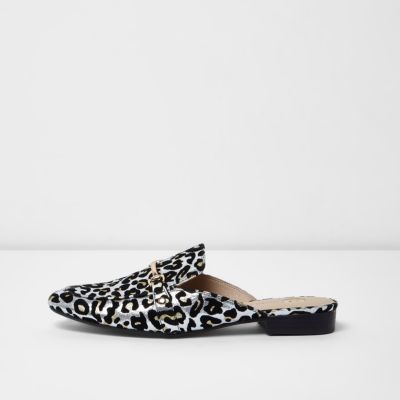 Silver leopard print backless loafers